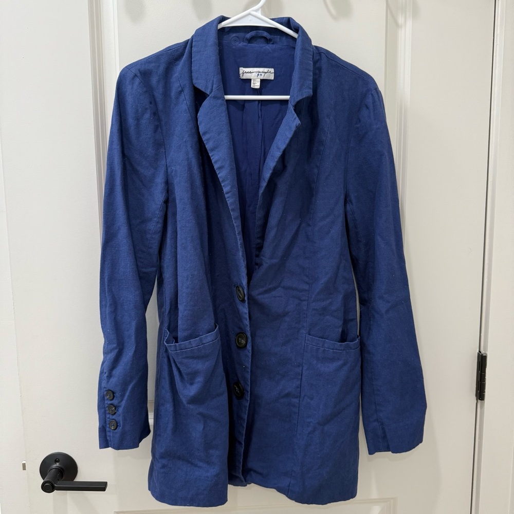 Free People Marni Navy Blue Linen Blazer Jacket Size Small Structured Boho Fest